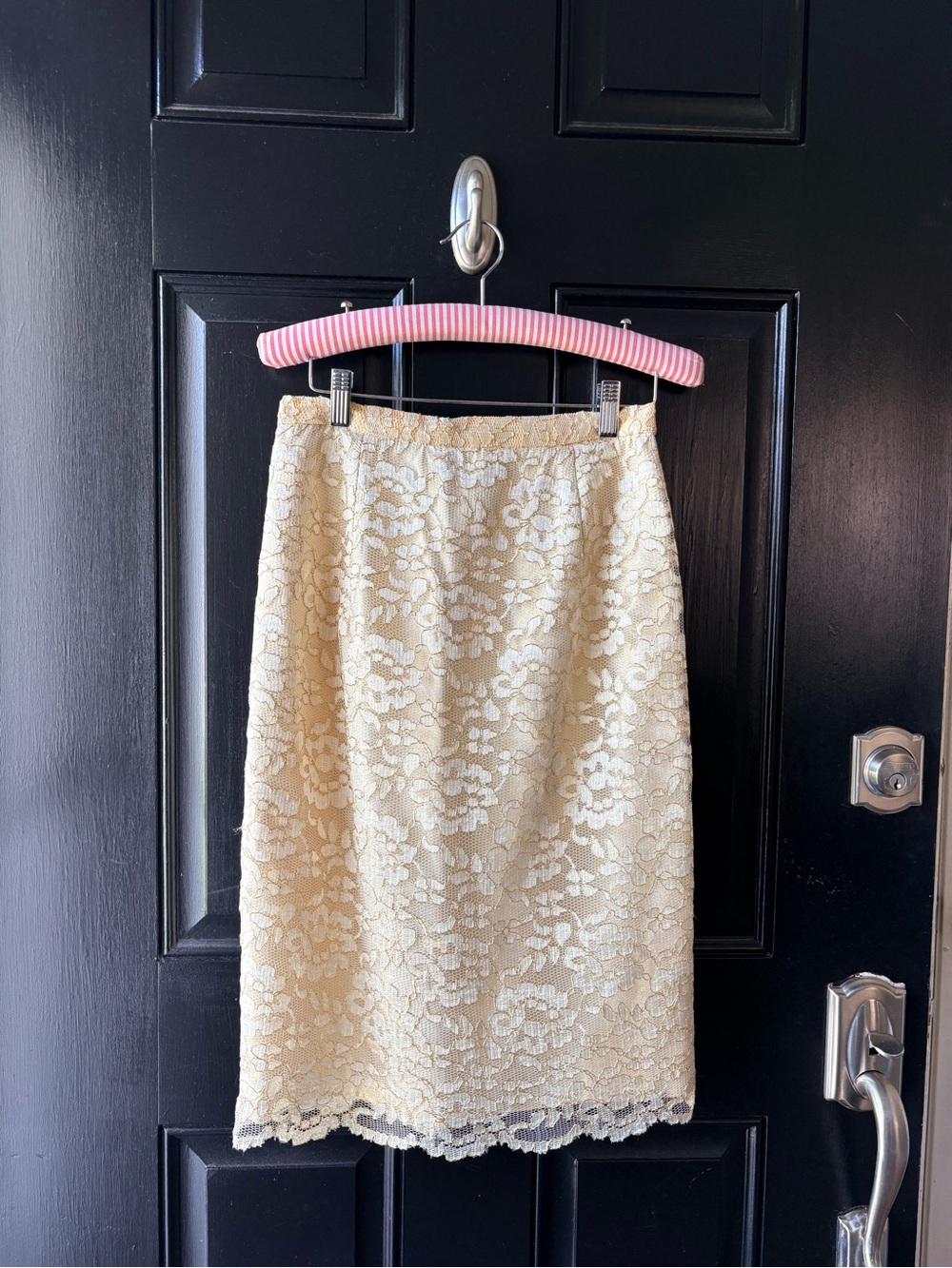 VTG Karen Lawrence Gold Metallic Thread Lace Mesh Overlay Pencil Skirt Size S